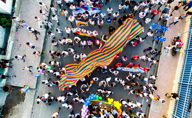 Aerial shot from above of Pride march